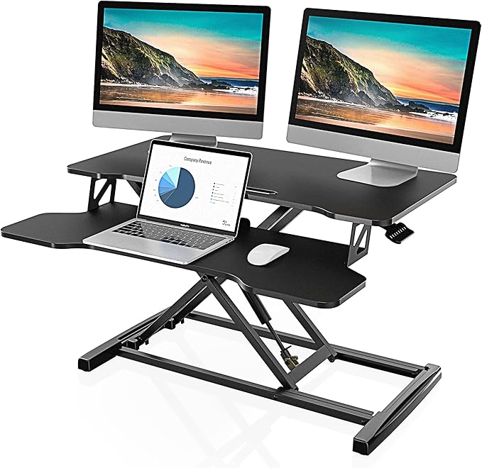 FITUEYES Height Adjustable Standing Desk 32” Wide Sit to Stand Converter Stand Up Desk Tabletop Workstation for Dual Monitor Riser FSD308001WB-DeskLoop Office