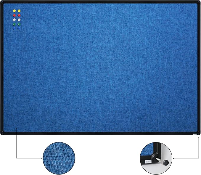 JILoffice Cork Linen Bulletin Board 36 X 24 Inch (Blue), Black Aluminum Frame Wall Mounted Board Memo Pin Board for Office Home and School-DeskLoop Office
