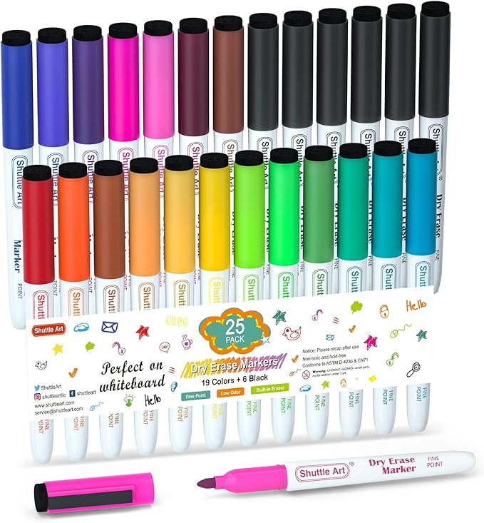 Shuttle Art Dry Erase Markers, 25 Pack 20 Colors Whiteboard Markers,Bundled with 5 Extra Black, Fine Tip Markers for Kids,Perfect for Writing on Dry-Erase Surfaces,School Office Supplies-DeskLoop Office