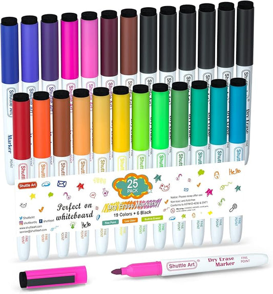Shuttle Art Dry Erase Markers, 25 Pack 20 Colors Whiteboard Markers,Bundled with 5 Extra Black, Fine Tip Markers for Kids,Perfect for Writing on Dry-Erase Surfaces,School Office Supplies-DeskLoop Office