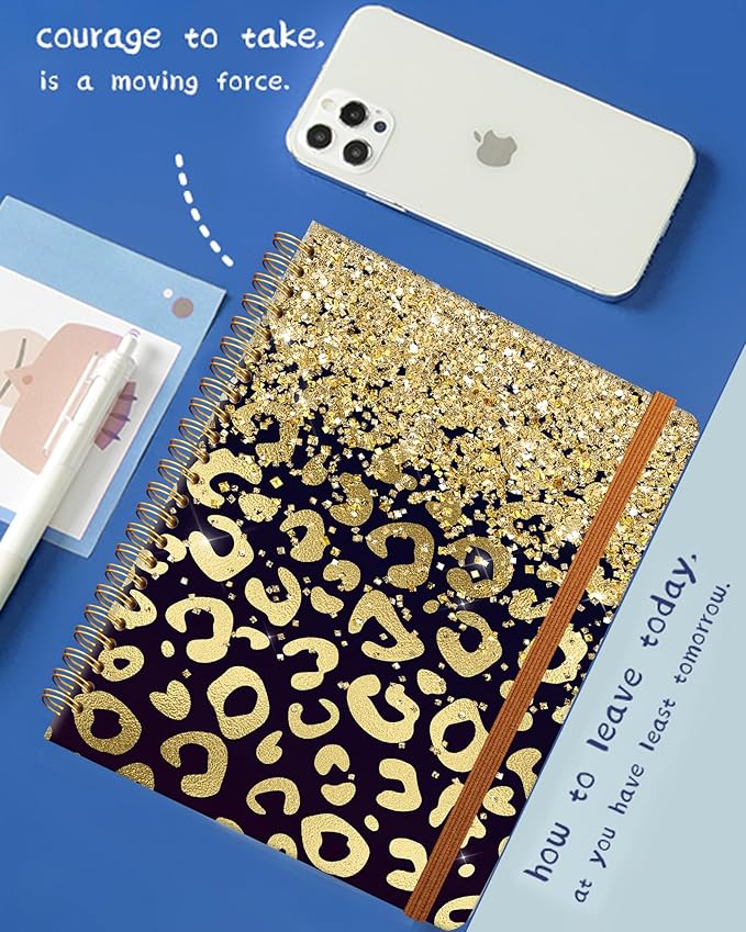 Ruled Spiral Writing Notebook,A5 Hardcover Lined College Journal for Women Lady,Fashion Puppy Watercolor Strong Twin-Wire Binding with Premium Paper,8.4" X 6",Perfect for School,Office,Home Gifts(Shiny Gold Leopard)-DeskLoop Office