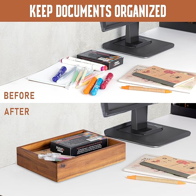 Demigo Acacia Wood Desk Organizer Tray - 9.5x6.7x2 Inch Letter & Stationery Holder for Office, Entryway, Desktop - Natural Wood Catchall for Pens, Mail, Keys-DeskLoop Office