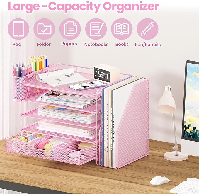 Desk Organizers and Accessories, 5-Tier Paper File Organizer with Drawer & Pen Holder, Office Desk Accessories Workspace Desktop Organizer for Office Supplies((Pink)-DeskLoop Office