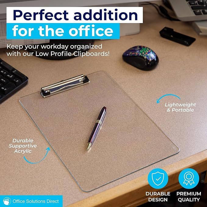 Plastic Clipboards (Set of 6) Transparent Clipboard (Clear) Strong 12.5 x 9 Inch | Holds 100 Sheets! Acrylic Clipboards with Low Profile Clip | Bulk Back to School Supplies for Teachers-DeskLoop Office