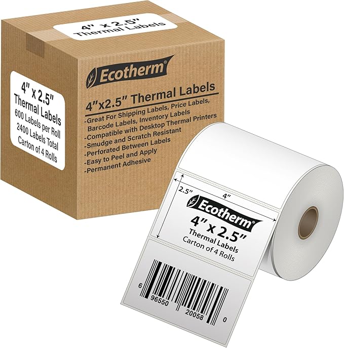 4" x 2.5" Thermal Labels | 4 Rolls | 2400 Labels | fits Zebra, Munbyn, Rollo, Godex, Arkscan, iDPRT, Offnova Thermal Label Printers and More | Blank White Adhesive Stickers by Ecotherm-DeskLoop Office