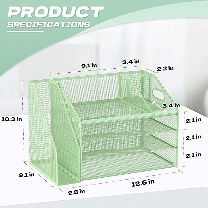 DocNest 4 Tier Paper Letter Tray File Organizer, Mesh Desk File with Handle, Workspace Desk Organizers with Pen Holder, Office Organization Storage Accessories - Green-DeskLoop Office