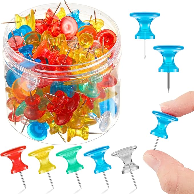 Outus 100 Pcs Giant Push Pins Large Thumb Tacks Plastic Heads 1 Inch Jumbo Push Pins for Cork Board Map Posters Office School(Red, Yellow, Blue, Green, Transparent)-DeskLoop Office