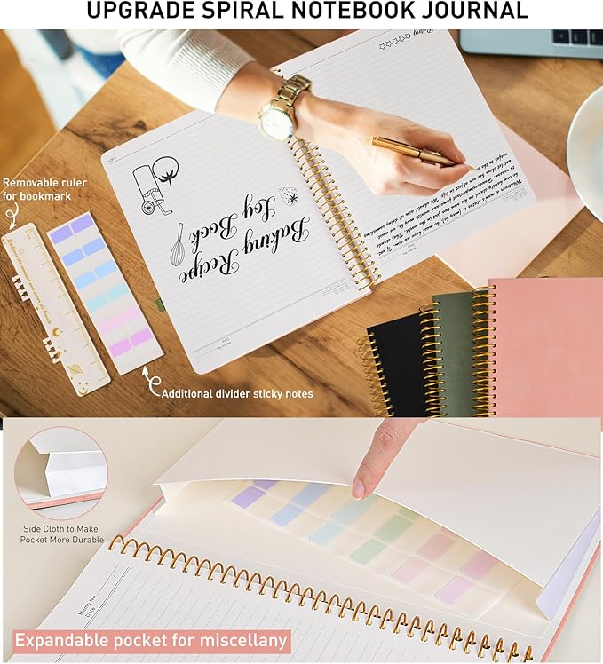 B5 Spiral Notebook Journal 7.6” x 10”, 300 Numbered Pages Hardcover Leather Journals for Women Men, Large Lined College Ruled Notebooks, 100GSM Thick Paper, Spiral Bound Journal for Work School, Pink-DeskLoop Office