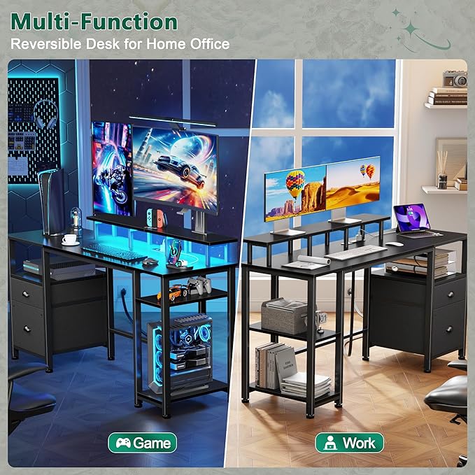 Furologee 51" Gaming Desk with Power Outlets & LED Lights, Reversible Computer Desk with File Cabinet & Monitor Stand for Home Office, Large Work Table with Storage Shelves & Drawer, Black-DeskLoop Office