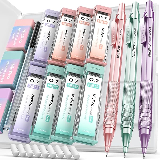 Nicpro 0.7 mm Metal Mechanical Pencil Set, 3PCS MP1000 Artist Lead Pencils With 480PCS HB 2B Lead Refills, Erasers, Pastel Aesthetic Mechanical Pencils for School Supplies Writing Drawing Sketching-DeskLoop Office