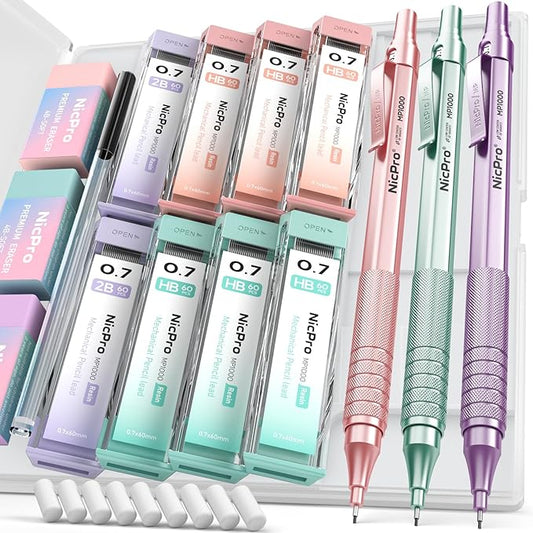 Nicpro 0.7 mm Metal Mechanical Pencil Set, 3PCS MP1000 Artist Lead Pencils With 480PCS HB 2B Lead Refills, Erasers, Pastel Aesthetic Mechanical Pencils for School Supplies Writing Drawing Sketching-DeskLoop Office