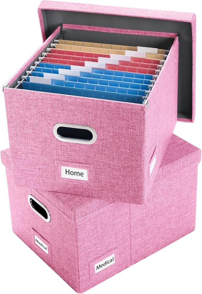 PRANDOM File Organizer Box - Set of 2 Collapsible Decorative Linen Filing Storage Hanging File Folders with Lids Office Cabinet Letter/Legal Size Pink (17x14x11.2 inch)-DeskLoop Office