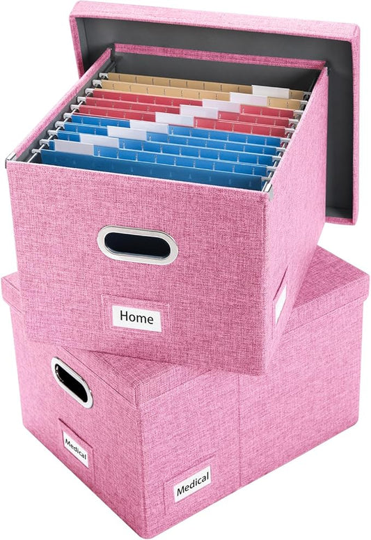 PRANDOM File Organizer Box - Set of 2 Collapsible Decorative Linen Filing Storage Hanging File Folders with Lids Office Cabinet Letter/Legal Size Pink (17x14x11.2 inch)-DeskLoop Office