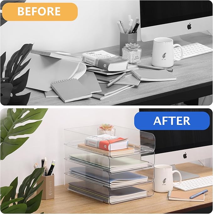 Set of 4 Office Organization and Storage, Clear PET Letter Tray Desk Organizer, Stackable Document and File Paper Organizer for Office Supplies-DeskLoop Office