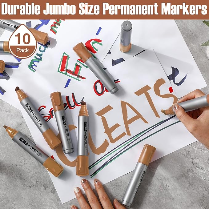 Fuutreo 10 Pack Jumbo Permanent Markers Bulk Large Chisel Tip Permanent Markers Quick Drying Waterproof Big Huge Poster Pens for Office, Logistics Company and More(Brown)-DeskLoop Office