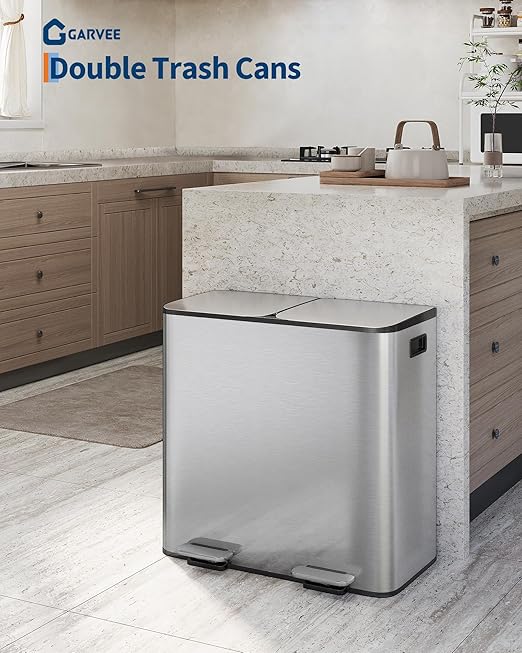 GarveeHome 2 x 10.6 Gallon Stainless Steel Double Trash Can with Lid for Kitchen, Large Dual Trash and Recycle Bin Combo, Step-on Kitchen Metal Garbage Cans, PP Inner Buckets, Liner Rim, Silver-DeskLoop Office