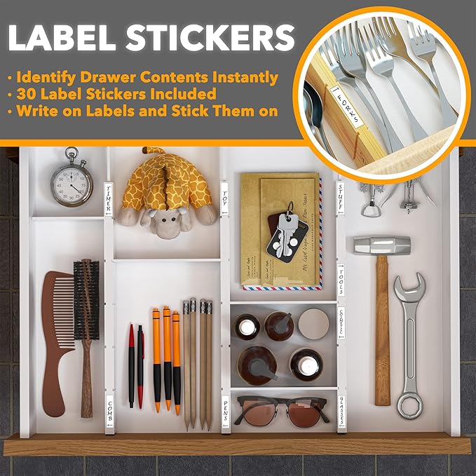 SpaceAid Bamboo Drawer Dividers with Inserts and Labels, Kitchen Adjustable Drawer Organizers, Expandable Organization for Home, Office, Dressers, 4 Dividers with 9 Inserts (17"-22" White)-DeskLoop Office