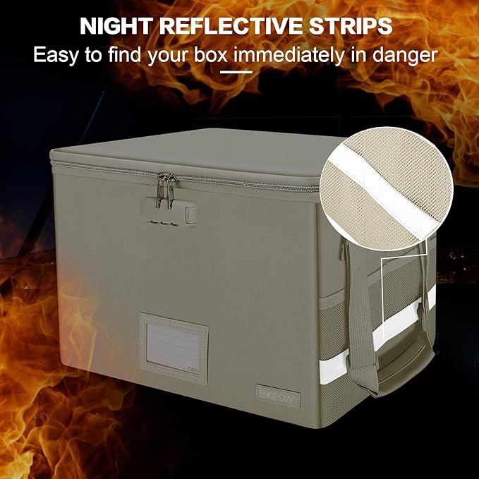 ENGPOW File Box with Lock, Fireproof Document Box with Zipper Lid, Collapsible File Storage Organizer Filing Cabinet with Handles, Portable Home Office Safe for Hanging Letter/Legal Folders, Beige-DeskLoop Office