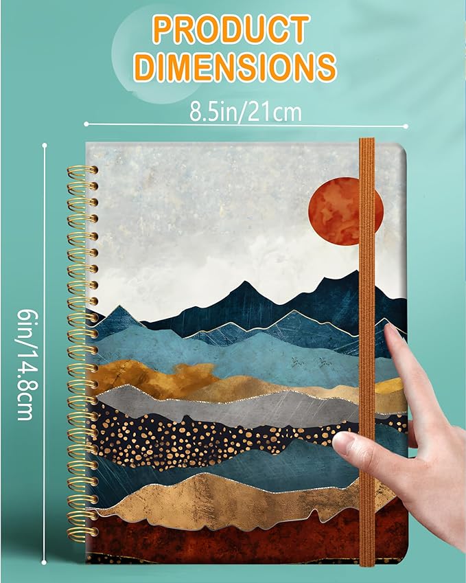 Ruled Spiral Writing Notebook,A5 Hardcover Lined College Journal for Women Lady,Fashion Puppy Watercolor Strong Twin-Wire Binding with Premium Paper,8.4" X 6",Perfect for School,Office,Home Gifts(Abstract Mountain Sun)-DeskLoop Office