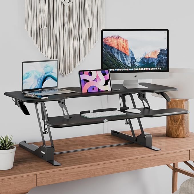 Mount-It! 47" Standing Desk Converter, Large Wide Tabletop Height Adjustable Desk Riser with Gas Spring, Desktop Sit Stand Up Desk with Keyboard Tray Fits 2 Monitors or Monitor and Laptop, Black-DeskLoop Office