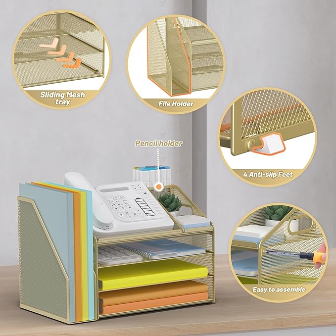 DocNest 4 Tier Paper Letter Tray File Organizer, Mesh Desk File with Handle, Workspace Desk Organizers with Pen Holder, Office Organization Storage Accessories - Gold Yellow-DeskLoop Office