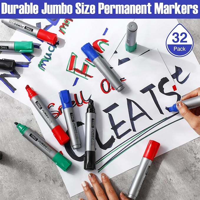 Fuutreo 32 Pcs Jumbo Permanent Markers Bulk Large Chisel Tip Permanent Markers Waterproof Jumbo Pens Quick Drying Office Teacher Supplies(Black, Green, Blue, Red)-DeskLoop Office