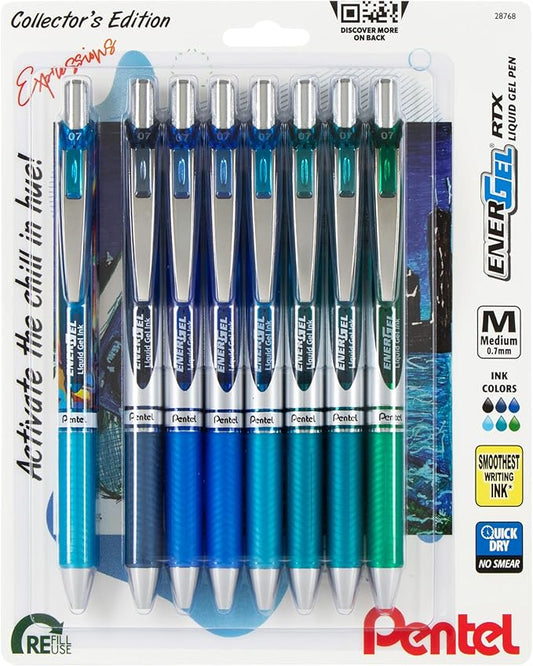 Pentel EnerGel RTX Retractable Liquid Gel Pen, Chill Expressions Pack, 0.7mm, Metal Tip, Medium Line,Assorted Ink, Pack of 8 Pens (BL77XCHIBP8M)-DeskLoop Office