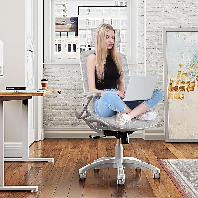 GABRYLLY Ergonomic Office Chair, High Back Home Desk Chair with Headrest, Flip-Up Arms, 90-120° Tilt Lock and Wide Cushion, 400LBS Mesh Chairs for Man Woman, White Task Chair(Grey,GY01WG)-DeskLoop Office