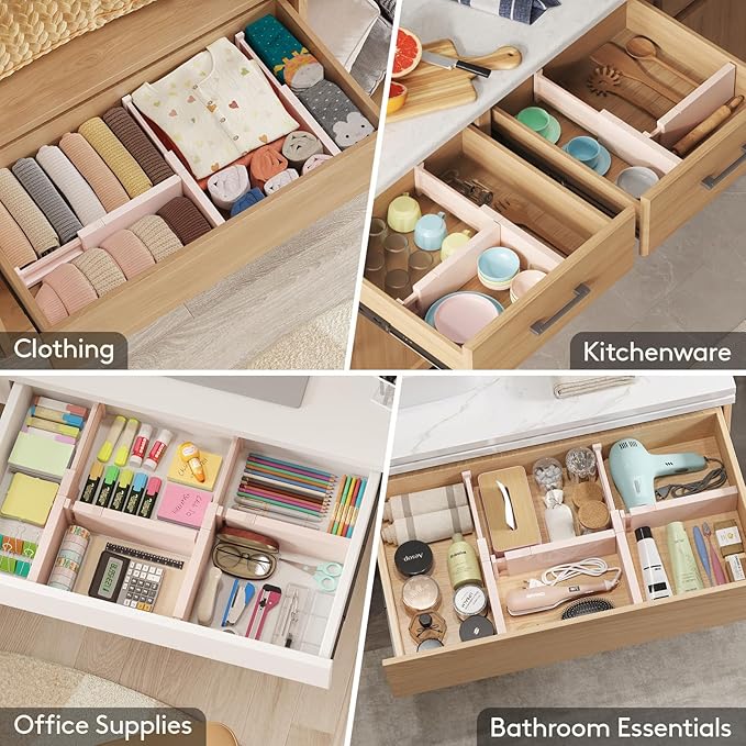 Lifewit 24 Pack Drawer Dividers 4" High, 11-17" Adjustable Dresser Drawer Organizers for Clothes, Expandable Dresser Separators in Bedroom/Bathroom/Kitchen/Vanity/Office Organization and Storage,Pink-DeskLoop Office