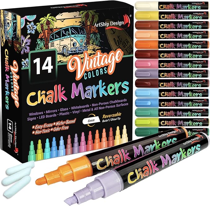 ArtShip Design 14 Vintage Colors Chalk Markers - Reversible Medium Tip Liquid Chalk Pens Wet Erasable - Menu Boards, Glass, Windows, Whiteboards, Classrooms, Mirrors, Chalkboards, Plastic, Metal-DeskLoop Office
