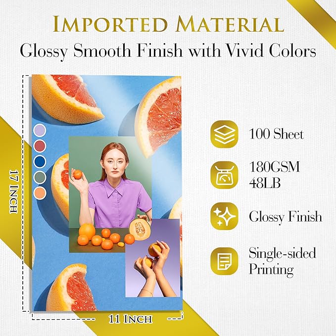 A-SUB Inkjet Glossy Photo Paper 11X17 Inches 48lb 180gsm Professional Glossy Photographic Paper for Inkjet Printers Dye Ink 100 Sheets-DeskLoop Office