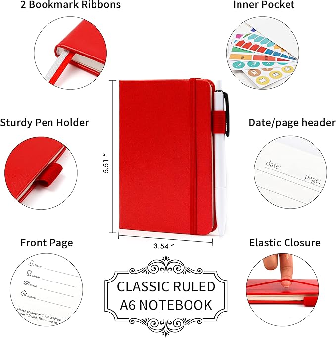feela 15 Pack Pocket Small Notebooks Bulk, Mini Cute Notepads Hardcover College Ruled Lined Journals with Pen Holder for School Business Memos, with 15 Black Pens, 3.5”x 5.5”, A6, Red-DeskLoop Office