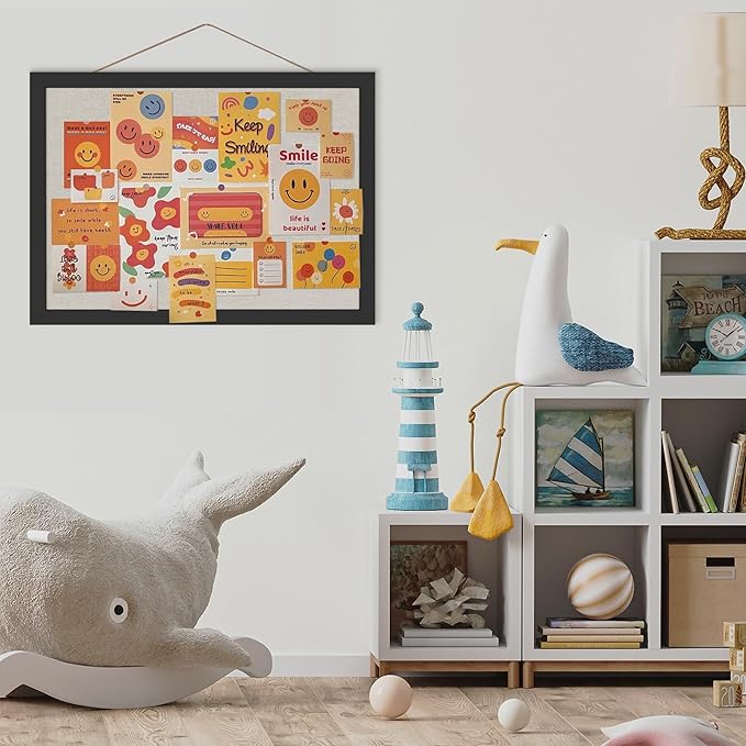 Cork Board Bulletin Board 16.7" x 11", 2-Pack Small Linen Corkboards with Frame for Walls, Cute Picture Display Pin Board Vision Board for Room School Office Bedroom 25 Pushpins Vintage Black-DeskLoop Office