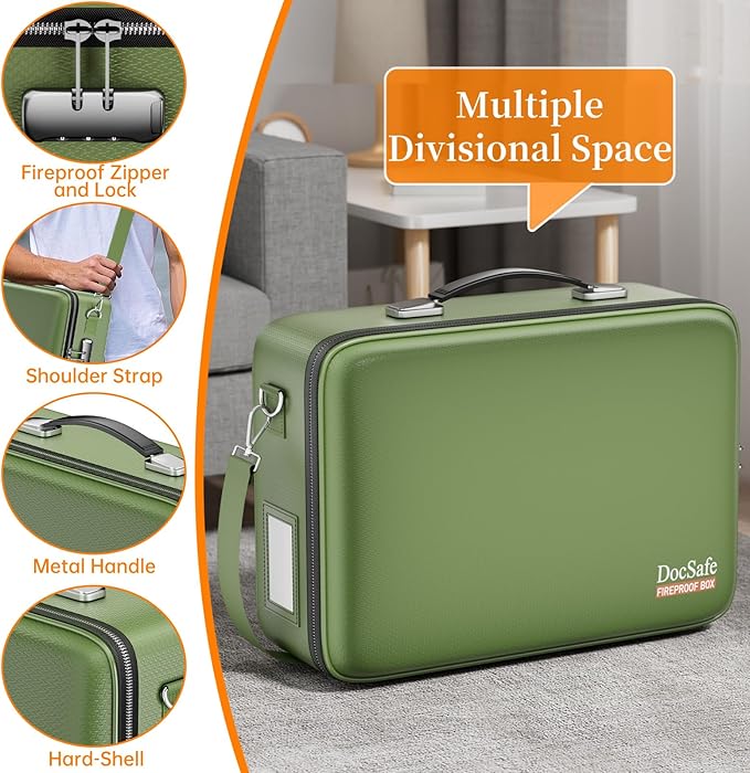 DocSafe Fireproof Document Box with Lock&Shoulder Strap,Hard Case File Organizer with Accordion File Folder,Multi-Layer Portable Home Office Travel Safe Storage for Important Documents Laptop Green