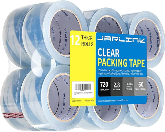 JARLINK Clearer Packing Tape 12 Rolls, Heavy Duty Packaging Tape for Shipping Packaging Moving Sealing, 2.8mil Thicker, 1.88 inches Wide, 60 Yards Per Roll, 720 Total Yards-DeskLoop Office