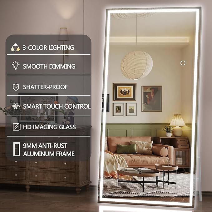 Hasipu Full Length Mirror with Lights, 79" x 32" LED Lighted Floor Standing Mirror, Full Body Dressing Hanging Mounted Mirrors, Dimmable, Tempered Glass, Safe to Use, Square White-DeskLoop Office