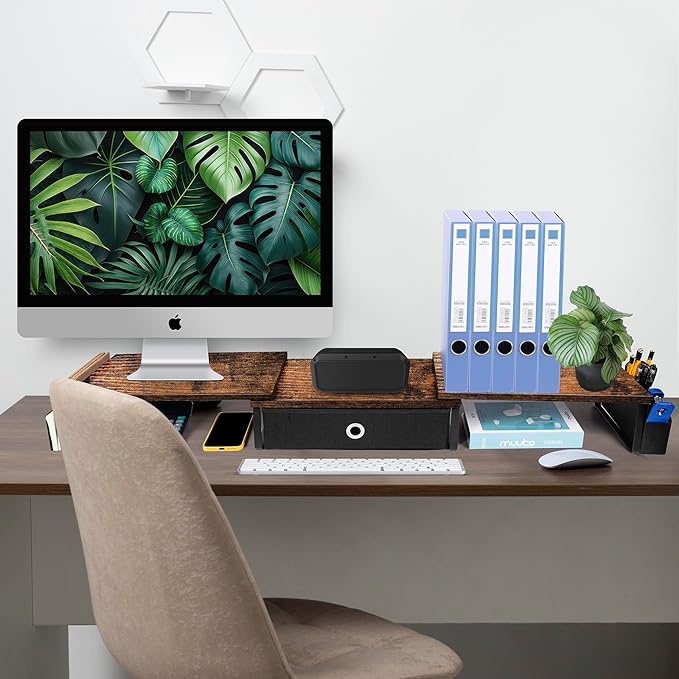 Dual Monitor Stand Riser With Drawer, Office Desk Organizers And Accessories, Computer Monitor Riser For 2 Monitors For Desk, Monitor Shelf With Adjustable Length & Angle-DeskLoop Office