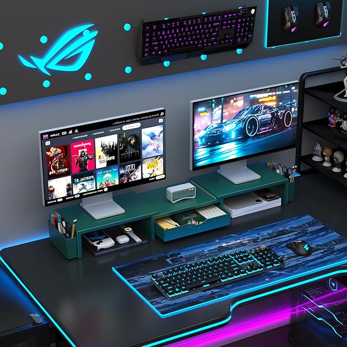 gianotter Dual Monitor Stand Riser, Desk Organizer With Drawer and 2 Pen Holders, Monitor Stand for Desk, Office Decor Essentials (Green)-DeskLoop Office