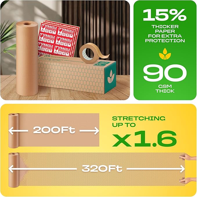 Honeycomb Packing Paper | Extra Thick 90 GSM Packing Wrap | Biodegradable Packing Materials: 15” x 200’ Moving Paper + 195’ Cellulose Adhesive Tape + 30 Fragile Stickers | Paper Bubble Wrap-DeskLoop Office