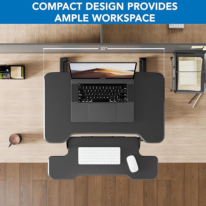 Mount-It! Height Adjustable Standing Desk Converter, Compact 30” Wide Tabletop Standing Desk Riser with Gas Spring, Desktop Stand Up Workstation with Keyboard Tray Fits Monitor or Laptop, Black-DeskLoop Office