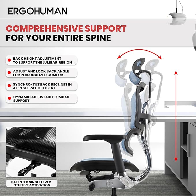 Ergohuman Eurotech ME7ERG GEN2 High Back Mesh Office Chair with Tilt Tension Control, Tilt Lock, Back Angle, Back Height, Synchro Tilt, Seat Height, Seat Depth, and Arm Height Adjustments, Blue-DeskLoop Office