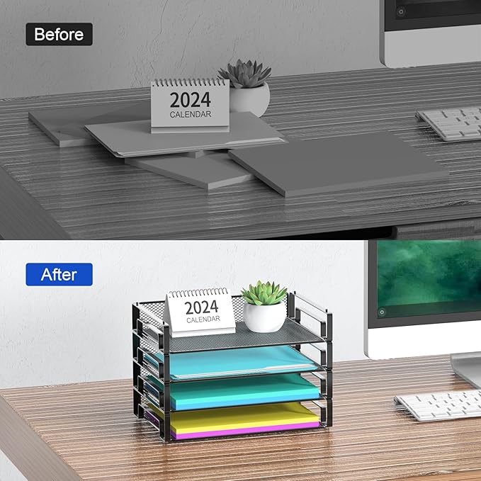 Samstar 4 Pack Stackable Letter Paper Tray, Desk File Organizer Paper Sorter for Letter/A4 Size Folders Documents, Mesh Made-DeskLoop Office
