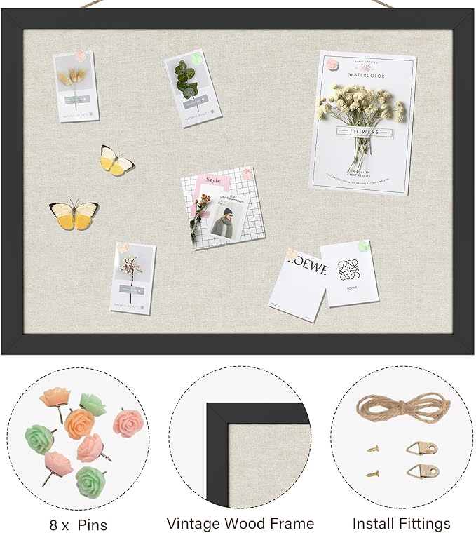 Cork Board Bulletin Board 16.7" x 11", Small Linen Corkboards with Frame for Walls, Cute Picture Display Pin Board Vision Board for Room School Office Bedroom 8 Pushpins Vintage Black-DeskLoop Office
