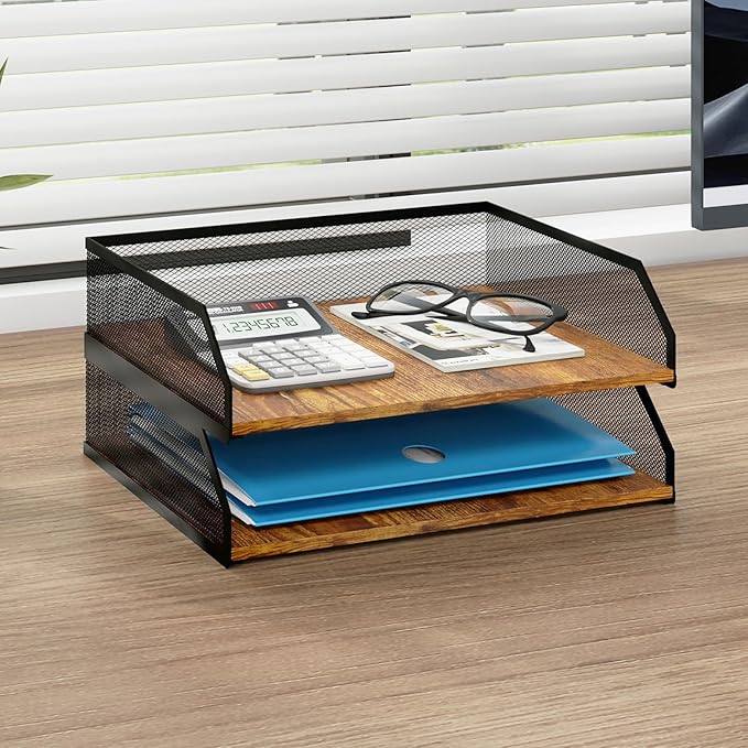 Natwind 2-Tier Stackable Paper Tray, Metal Mesh Desktop Organizer, Paper Sorter, Letter Trays,File Document Storage Rack for for Home, Office, School (Retro)-DeskLoop Office