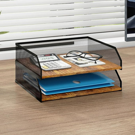 Natwind 2-Tier Stackable Paper Tray, Metal Mesh Desktop Organizer, Paper Sorter, Letter Trays,File Document Storage Rack for for Home, Office, School (Retro)-DeskLoop Office