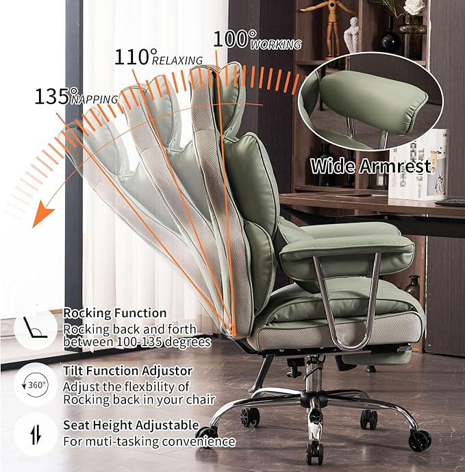 Efomao Big and Tall Office Chair 400lbs - Executive Office Chairs with Footrest, Heavy-Duty PU Leather Computer Chair for Heavy People, Light Green Home Office Desk Chairs-DeskLoop Office