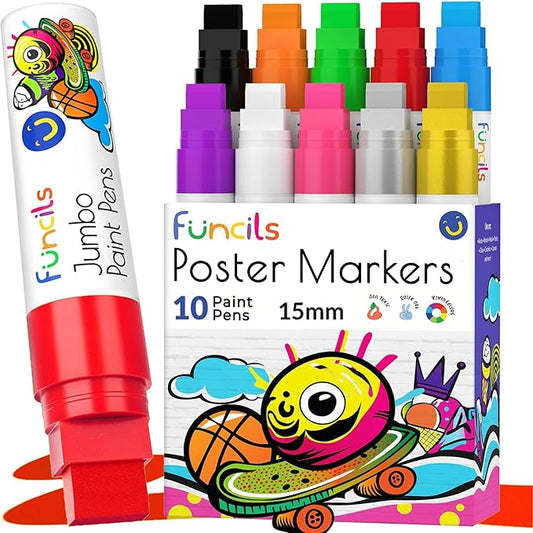 10 Jumbo Acrylic Paint Markers - 15mm Fat Acrylic Paint Pens for Canvas, Rock Painting, Wood, Plastic, Glass - Large Thick Permanent Pens for Signs, Board, Calligraphy, Poster Markers-DeskLoop Office