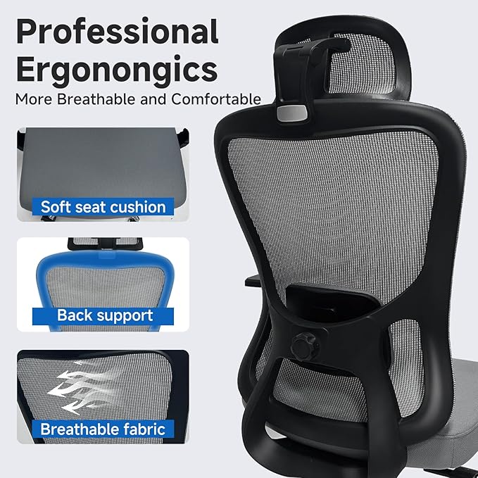 Ergonomic Desk Office Chair, High Back Home Computer Chair with Adjustable Swivel 3D Armrests for Comfort Lumbar Supports Up to 400lbs (Grey)-DeskLoop Office