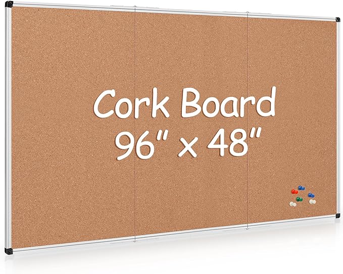 Board2by Extra Large Cork Bulletin Board 96" X 48", Foldable Notice Pin Board for Wall, Silver Aluminum Framed 8'x4' Corkboard, Wall Mounted Noticeboard with 36 Push Pins for School, Home & Office-DeskLoop Office