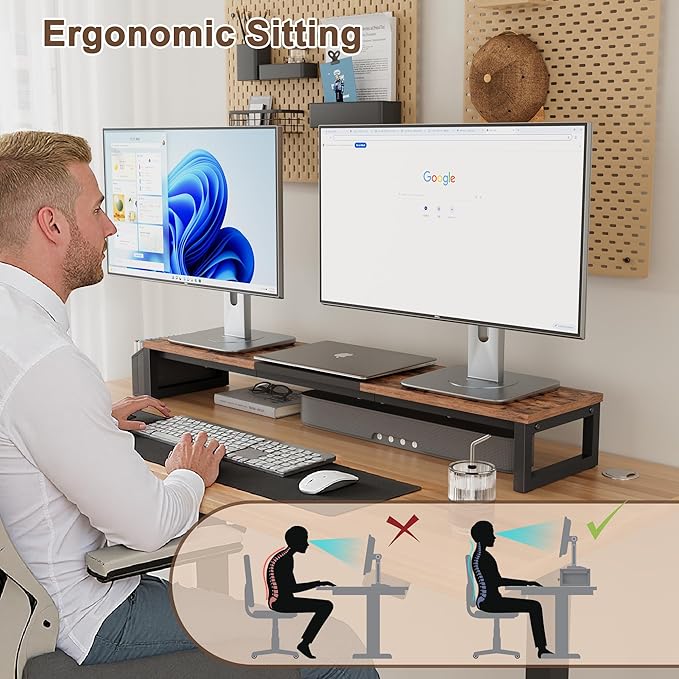 LAND·VOI Dual Monitor Stand Riser,41.5'' Long Monitor Stand for 2 Monitors, Wood Computer Riser with Pocket, Desktop Oraganizer with Pen Holder, Monitor Riser for Desk Computer,Laptop,TV, Rustic Brown-DeskLoop Office